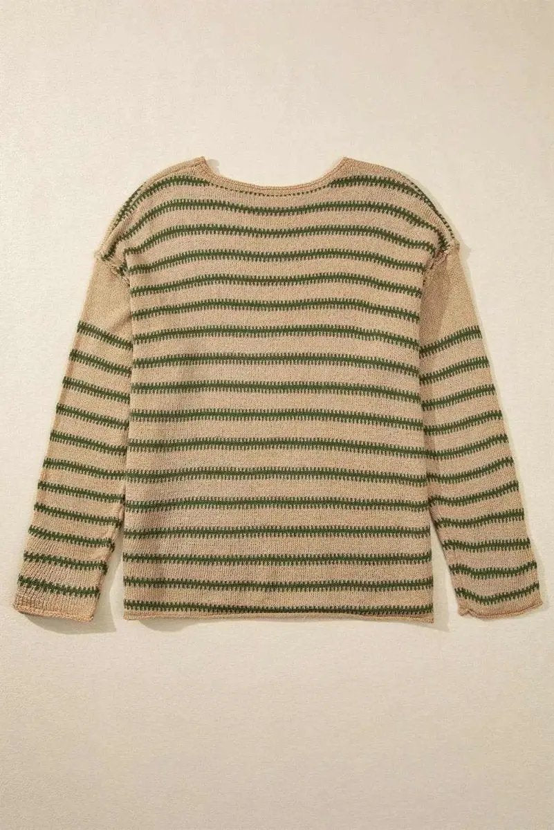 Khaki Stripe Drop Shoulder Casual Sweater - Love Salve